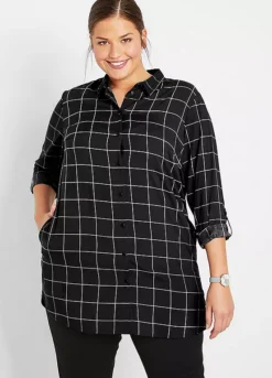 Checked Long Sleeve Longline Blouse