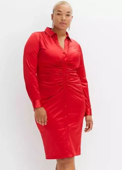 Decorative Button Placket Ruched Shirt Dress