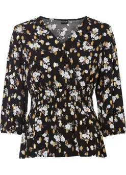 Floral Three-Quarter Sleeve Wrap Blouse -Lush Fit Store Floral Three Quarter Sleeve Wrap Blouse925751FRSC