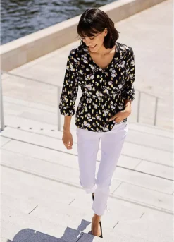 Floral Three-Quarter Sleeve Wrap Blouse -Lush Fit Store Floral Three Quarter Sleeve Wrap Blouse925751FRSL