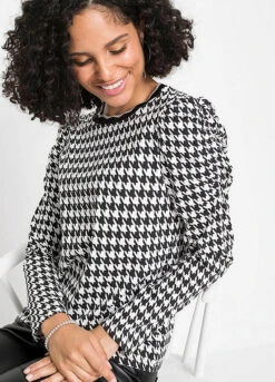 Houndstooth Puff Sleeve Top -Lush Fit Store Houndstooth Puff Sleeve Top930342FRSP W02