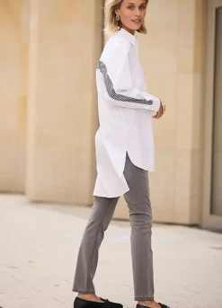 Houndstooth Trim Longline Blouse -Lush Fit Store Houndstooth Trim Longline Blouse972515FRSL