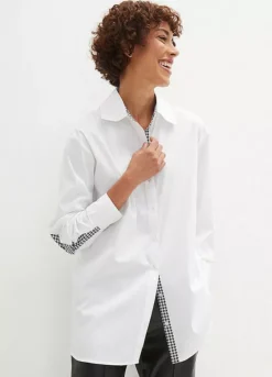 Houndstooth Trim Longline Blouse