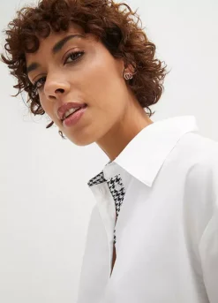 Houndstooth Trim Longline Blouse -Lush Fit Store Houndstooth Trim Longline Blouse972515FRSP W02