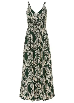 Leaf Print Smocked Maxi Dress -Lush Fit Store Leaf Print Smocked Maxi Dress951091FRSC