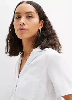 Linen Blend Short Sleeve Blouse -Lush Fit Store Linen Blend Short Sleeve Blouse909106FRSP W02