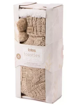 Totes Ladies Cable Knit Pom Pom Slipper Socks In Oat -Lush Fit Store Totes Ladies Cable Knit Pom Pom Slipper Socks in Oat99J023FRSP W01