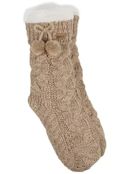 Totes Ladies Cable Knit Pom Pom Slipper Socks In Oat -Lush Fit Store Totes Ladies Cable Knit Pom Pom Slipper Socks in Oat99J023FRSP W02