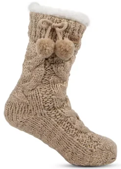 Totes Ladies Cable Knit Pom Pom Slipper Socks In Oat -Lush Fit Store Totes Ladies Cable Knit Pom Pom Slipper Socks in Oat99J023FRSP W03