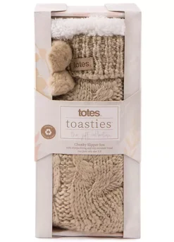 Totes Ladies Cable Knit Pom Pom Slipper Socks In Oat -Lush Fit Store Totes Ladies Cable Knit Pom Pom Slipper Socks in Oat99J023FRSP W04