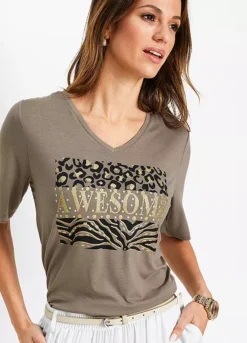 V-Neck Glitter Print T-Shirt -Lush Fit Store V Neck Glitter Print T Shirt913415FRSP W02