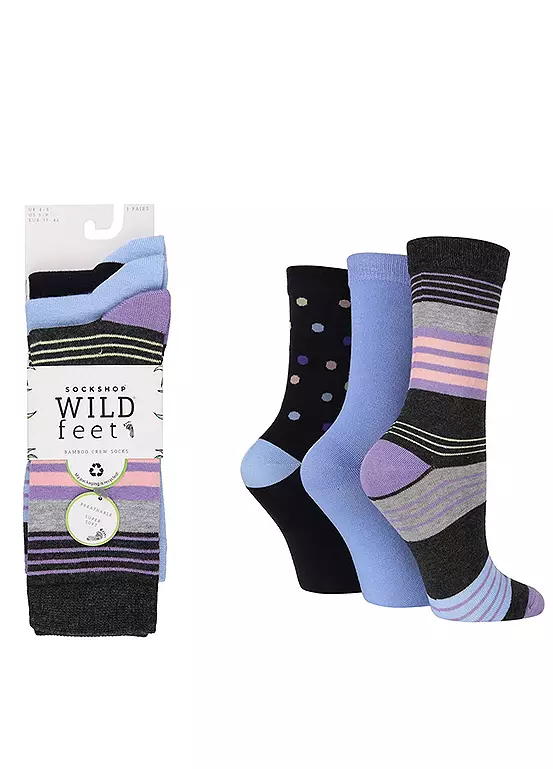 Wild Feet Ladies Pack Of 3 Bamboo Jacquard Socks 3 Wild Feet Ladies Pack Of 3 Bamboo Jacquard Socks